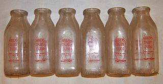 Old glass milk bottles Ahrens Dairy Farm pt w wooden crate NR lot