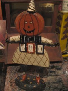 Primitive Pumpkin Man Wood and Metal Figure holding Boo Sign Cute FALL 