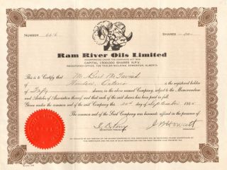 RAM River Oil Edmonton Alberta Canada Stock Certificate