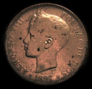 RARE 1897 Spain Silver 5 Pesetas Alfonso XIII Boy King