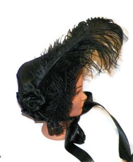 Black Satin Victorian Dress Bonnet Civil War Mourning Hat Costume Wide 