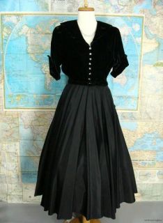 Vintage 40 50s Black Velvet Taffeta Full Skirt Rhinestone Cocktail 