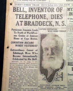 1922 Newspaper Alexander Graham Bell Death 1st Report