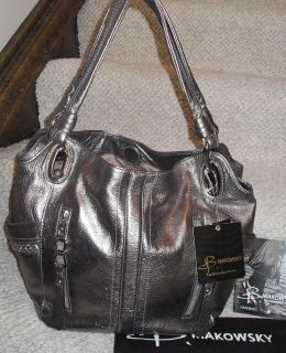 New B Makowsky Alice Shopper Genuine Leather Shoulder Bag Pewter 