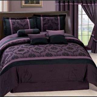   Purple *Laviano* Flocking Comforter Set QUEEN w/ Matching Curtains Set