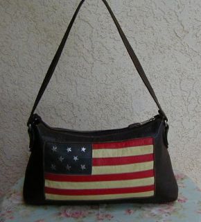 Brown Leather American West Patchwork American Flag Hobo Bag Purse 