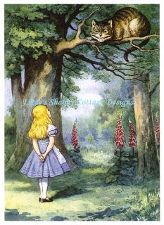 Alice in Wonderland w Cheshire Cat Fabric Block 5x7 Tenniel 