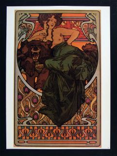 Alphonse Mucha Art Nouveau Print   Reclining Muse with Flower and Bear 