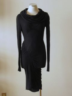 All Saints black jersey wool cowlneck ruched seam body con dress 6
