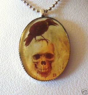 Edgar Allen Poe Skull and Raven Crow Pendant Necklace