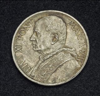1929, Vatican, Pius XI. Beautiful Silver 5 lire Coin. 1st year of Type 