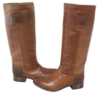 Frye Amelia Logo Tall Leather Pull on Boots Cognac 9 New