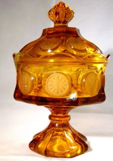 Mint Fostoria Amber Coin Glass Covered Pedestal Wedding Bowl Candy 