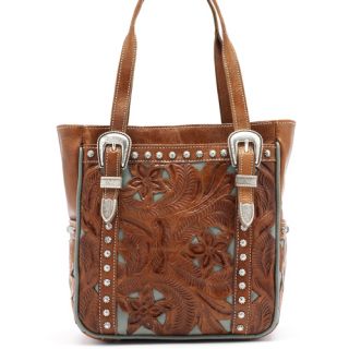 American West Everyday Cowgirl Tooled Leather Turquoise Tote Handbag 