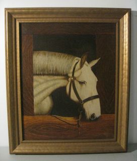   American White Horse Portrait Signed Oil Canvas Painting Folk Art