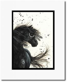 Mustang Native American Feathers Paint Black Horse Art Matted 5x7 