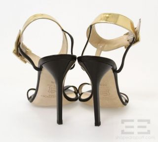 Jimmy Choo Black & Gold Metallic Leather T Strap Heels Size 38.5