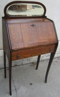 Antique Wood SMALL WRITING DESK Pull Beveled Edge MIRROR Out 