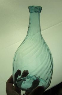 Antique Zanesville Blown Swirl Aqua Glass Bottle Early Club Shape w 