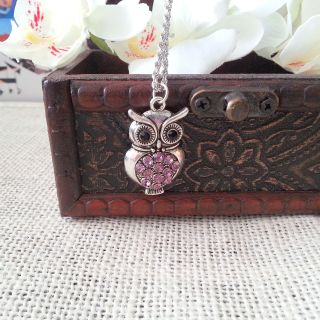 Antique Silver Violet Rhinestone Owl Pendant Necklace