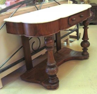 Antique Walnut Console Marble Top Hall Table Hand Carved