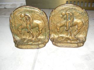 Antique Brass Bronze End of Trail Indian Native American Book Ends 