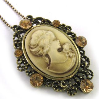 Luxury Antique Look Brown Cameo Brooch Pendant Necklace