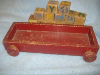 1940 childrens wood wagon abc number blocks antique baby wooden pull 