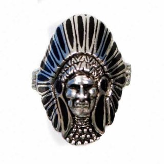 Apache Indian Chief Headdress Mens Silver Ring w Black Feathers Size 