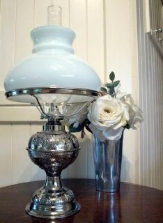 Nickel Embossed Kerosene Oil Table Lamp Antique Repro Style