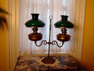 antique brass double table lamp oil english