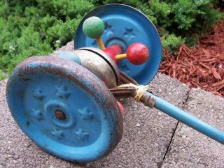 Antique Vintage Mid Century Wood Tin Push Pull Toy