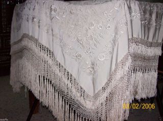 ANTIQUE CREAM SILK HAND EMBRODERED PIANO SHAWL GOOD CONDITION