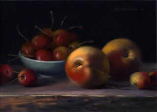 Two Apricots with A Bowl of Cherries Oil Painting by Robert Miller 