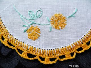 Vintage Linen Doily Hand Embroidered Flowers Orange