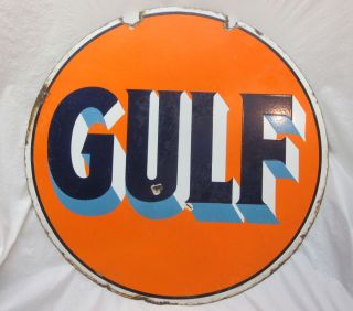 30 Round Antique Gulf Doudle Sided Porcelain Enamel Sign Oil 20s 30s 