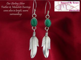 Vintage Southwestern Sterling Malacite Feather Earrings