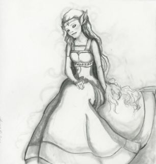   Girl Princess Long Flowing Hair Charcoal Drawing Original Art