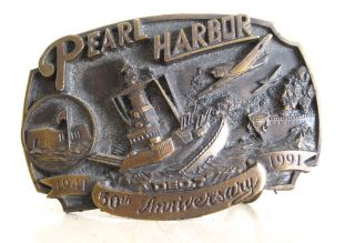 Vintage Brass Arroyo Grande Pearl Harbor Hawaii USA Belt Buckle 50th 