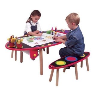 Kids Chalk Art Wooden Activity Table w Paper Roll Benches Chalkboard 