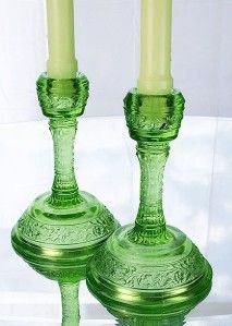 Fenton Art Glass Pair Jolly Green Flower Band Candlestick Holders 