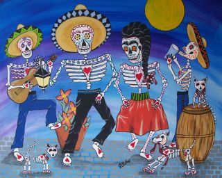 Print Folk Art Mex Day of The Dead Street Party Skeletons Painting 