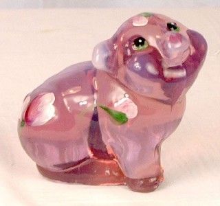 Fenton Art Glass Hand Painted Pink Poppies Pig New Figurine