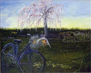 Bicycle  Landscape  Art Oil Painting Original by:Tammi Vaughan Blue 