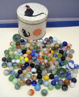    Machine Made Glass MARBLES w TIN Assorted Color Types 3 Shooters