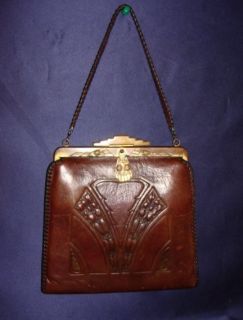 1920s Arts Crafts Art Nouveau Leather Purse Handtooled Turn Loc Frame 