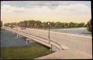 Dodge City Kansas KS Akransas River Bridge Linen Postcard