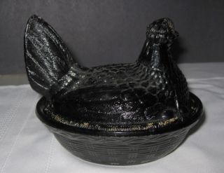 atterbury 5 black hen on nest glass covered dish mouseover to enlarge