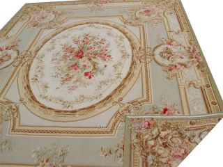 12 AUBUSSON RUG w PINK ROSES & FADED PASTEL BLUE