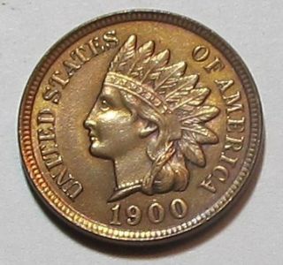 1900 INDIAN HEAD CENT, STRONG FULL LIBERTY,4 DIAMONDS GEM BU RED/BROWN 